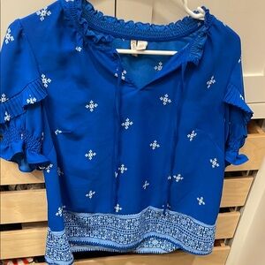 Blue and White Ruffled Blouse with Flutter Sleeves